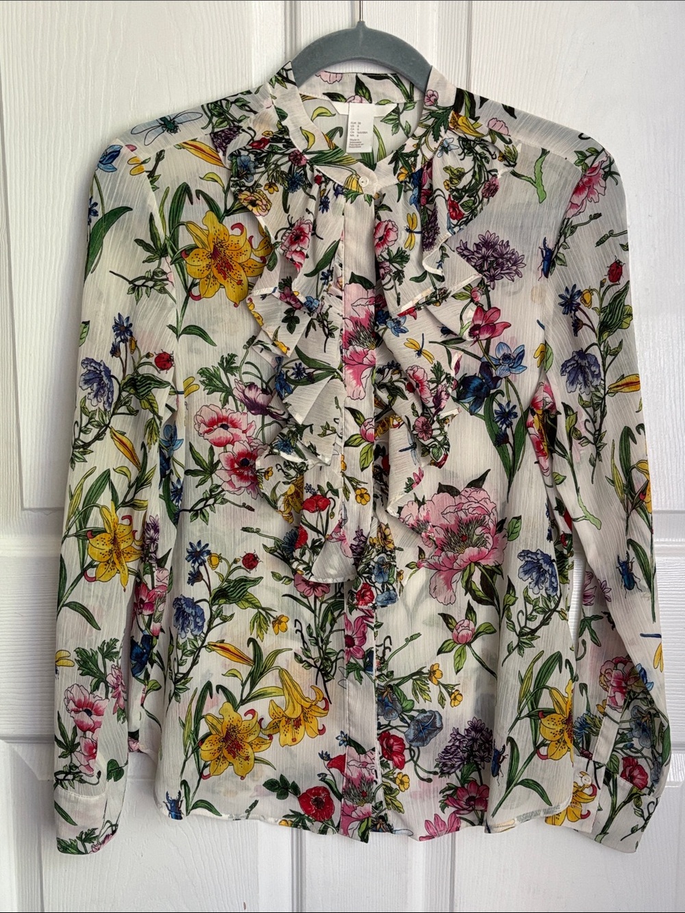 H&M Floral Ruffle Plumeti Blouse Size 8 Sheer long sleeve novelty spring summer